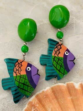 Colorful Fish Hand Painted Wood Drop Earrings - Green, Teal, Purple, Orange